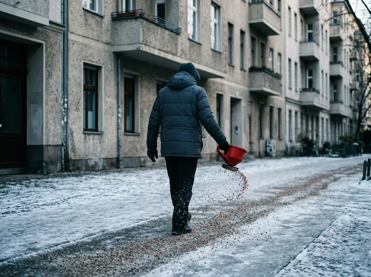 Mitarbeiter streut an einem Wintermorgen Streugut auf einen vereisten Gehweg vor einem Berliner Altbau